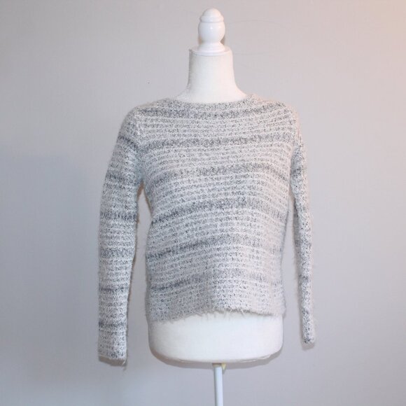 LOFT Fluffy Blended Knit Sweater Size Small in Gray and White Stripes - Picture 1 of 8